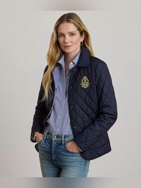Lauren Ralph Lauren Navy Quilted Utility Jacket with Crest Patch